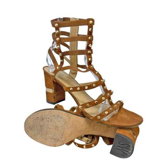 STUART WEITZMAN Cleo Rivet Camel Suede Gladiator Sandals - Picture 11 of 12
